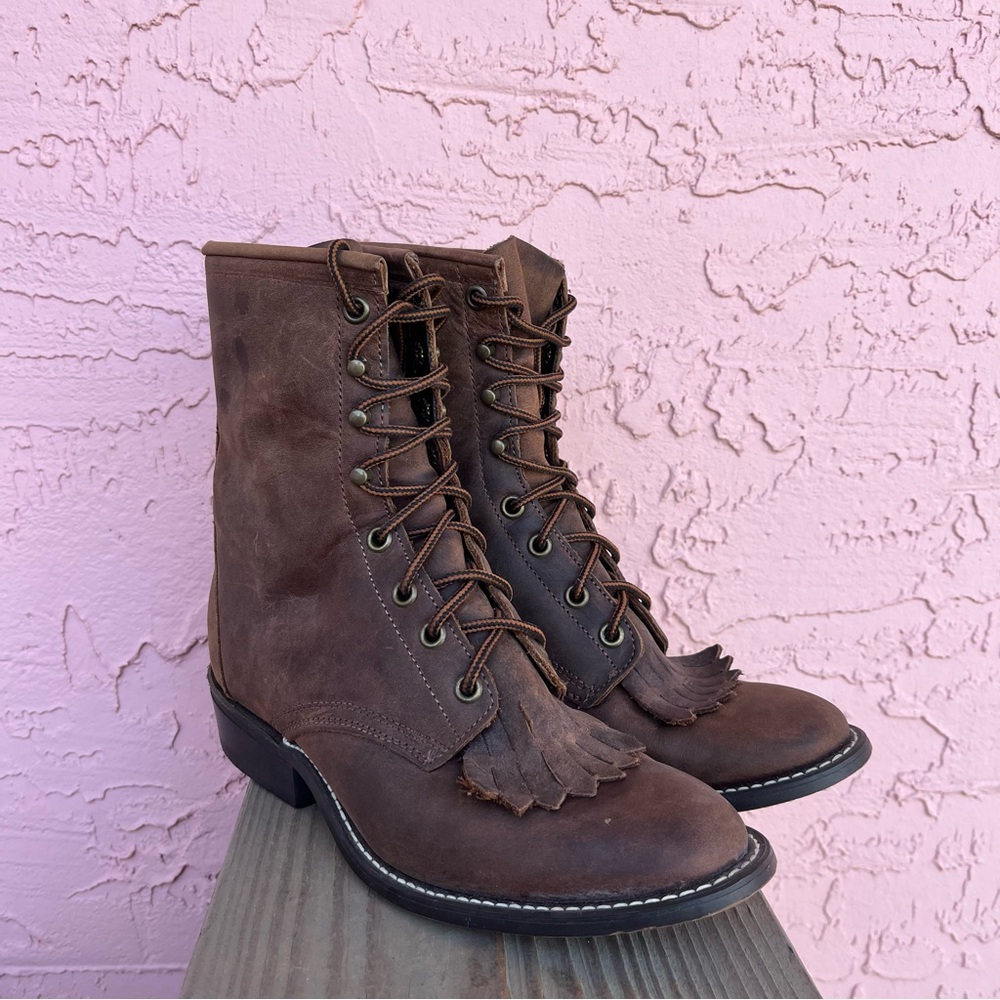 Vintage Laredo Western Boots Roper Chocolate Brown Leather Lace Up Distressed